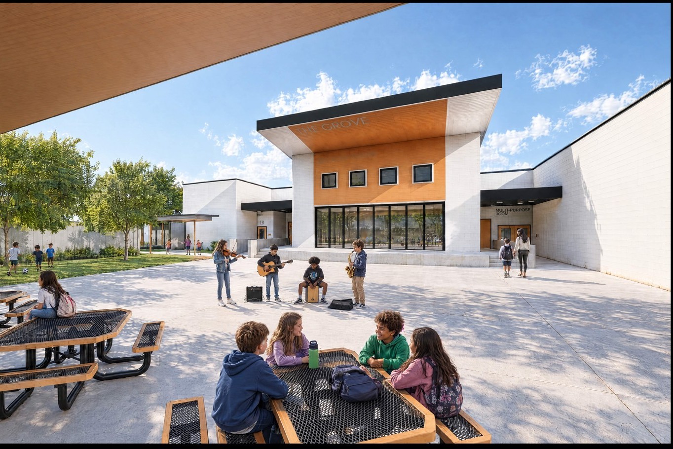 Rendering of the outdoor lunch courtyard with students at shaded tables and a multi-purpose building beyond.
