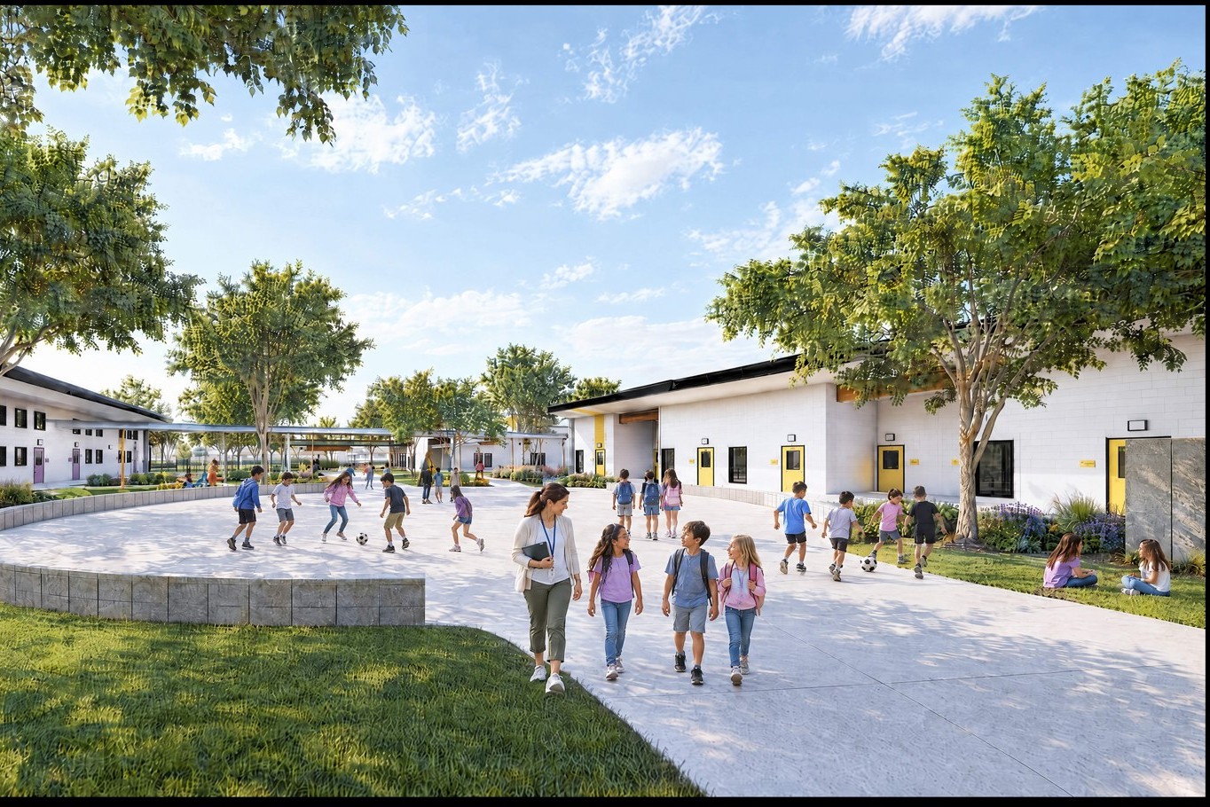 Rendering of the campus play areas and landscaped walkways.