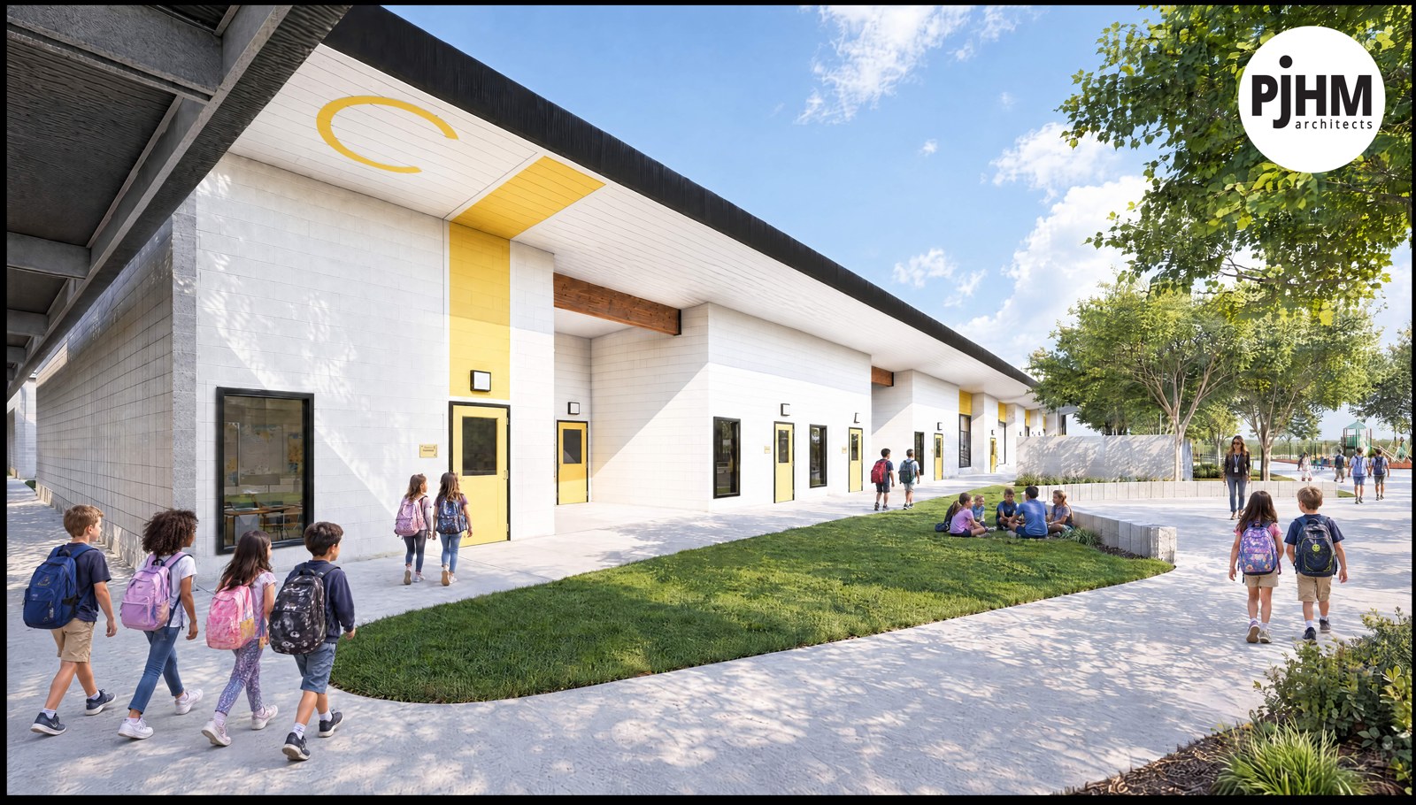 Rendering of a classroom wing walkway with students arriving past a long covered corridor.