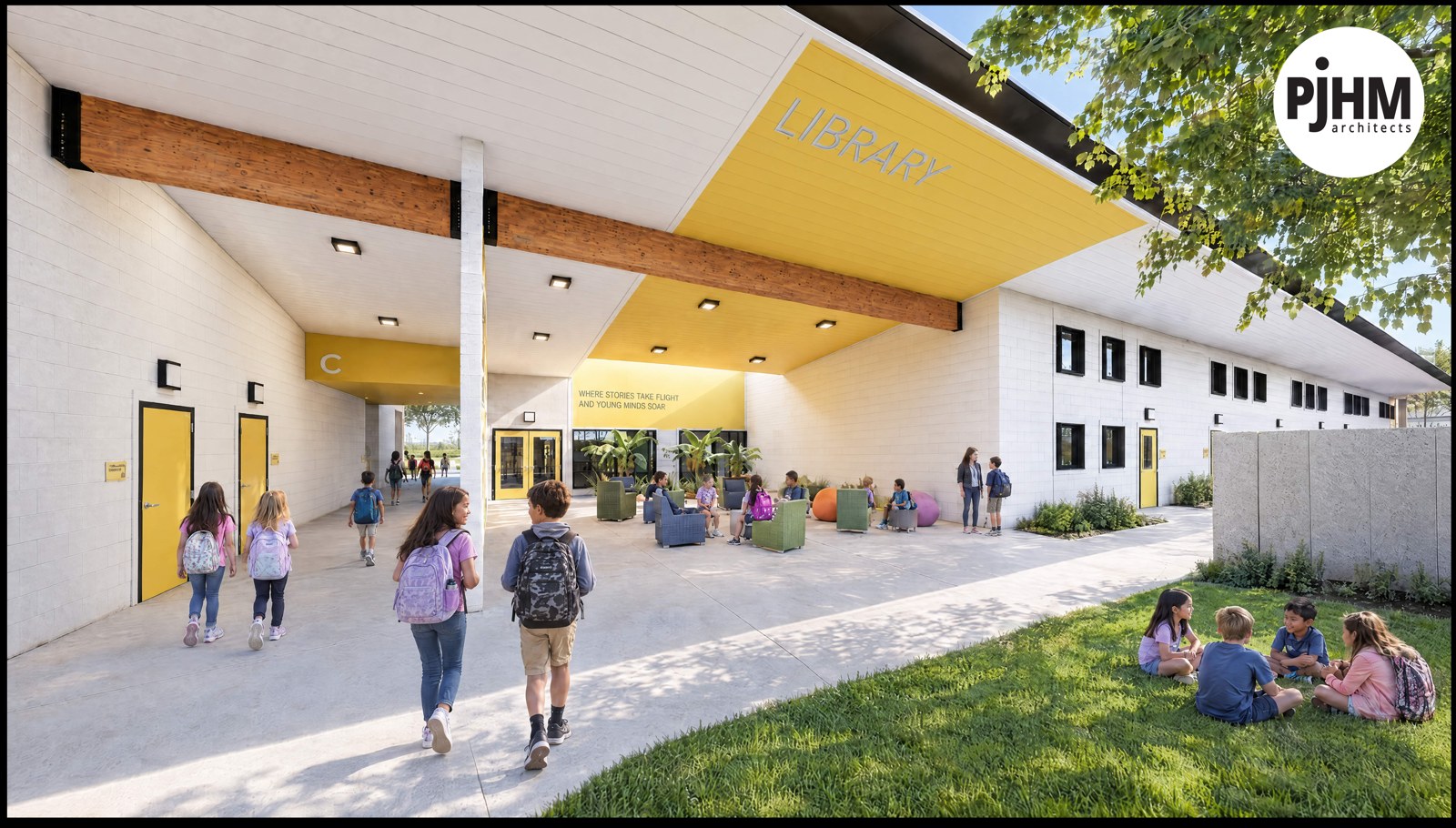 Rendering of the school library interior with young readers and tall windows.